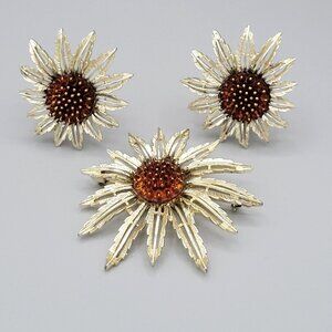 Sarah Coventry Sunflower Gold and Amber Brooch Pin Clip On Earrings Set Vintage